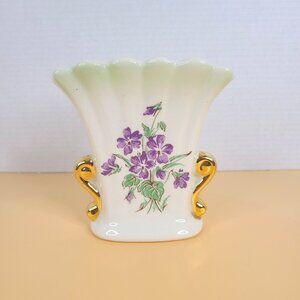 Pretty Vintage Floral Fan Vase with 22k Gold Handles and Purple Flowers